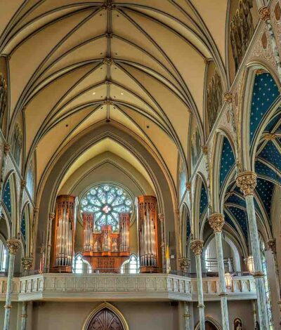 Savannah Cathedral Organ in Savannah Ga Blue and White Arches Rose Window