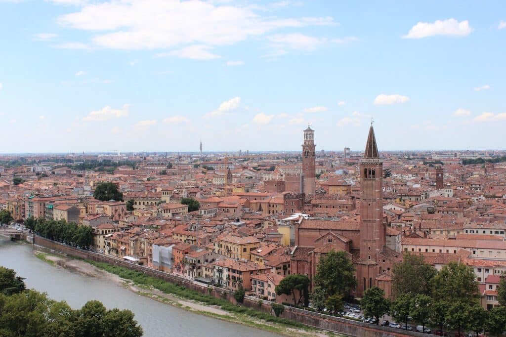 Skyline of Veronaa Italy showing beautiful Churches in Verona Italy and the River