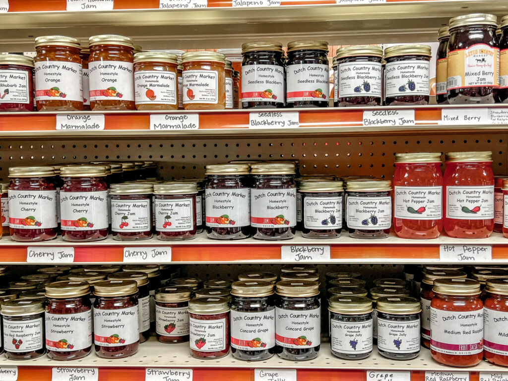 Amish jams on a shelf in Amish country Ohio