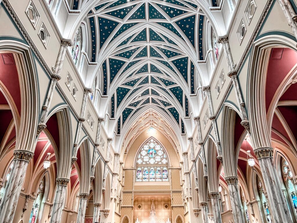 The interior of the Cathedral of St. John the Baptist in Charleston, SC - one of the most famous churches in Charleston, SC. 