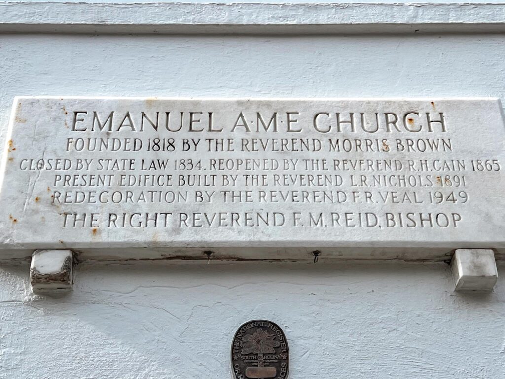 A plaque in Charleston, South Carolina commemorating the history of the Mother Emanuel AME Church in Marble, one of the most important churches in Charleston.
