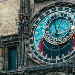 The famous Astronomical Clock in Prague, with its intricate details, zodiac signs, and figures, mounted on the facade of the Old Town Hall. ​
