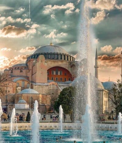An exterior view of the Hagia Sophia Grand Mosque in Istanbul with the fountain