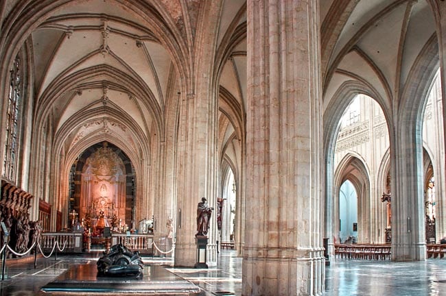 The interior of the Cathedral of Our Lady in Antwerp, Belgium with its soaring columns and beautiful calm interior